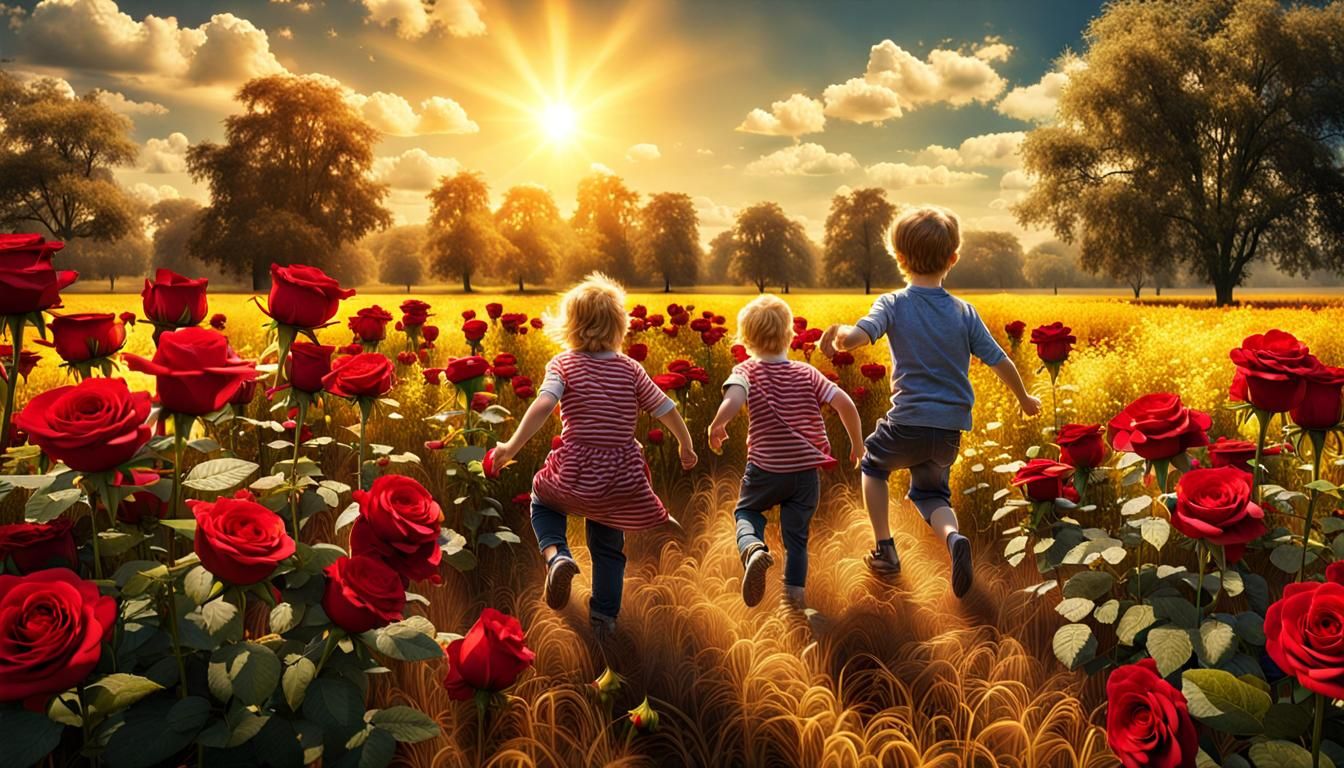 Children Play in Sunny Rose Field: Hyperrealistic 8K