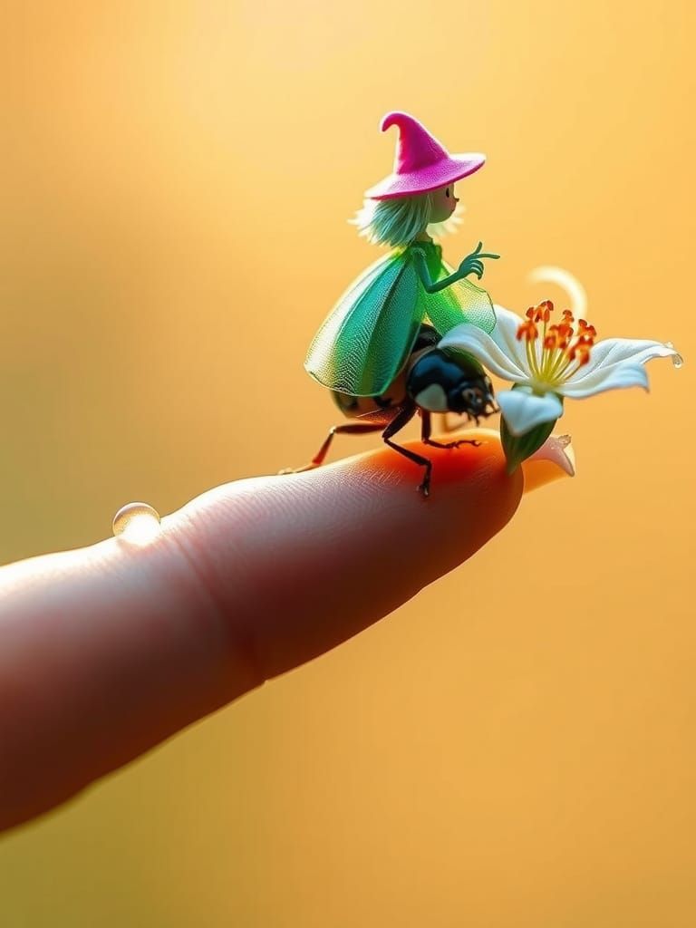Whimsical Witch Perched on a Ladybug, Pointing to a White Fl...