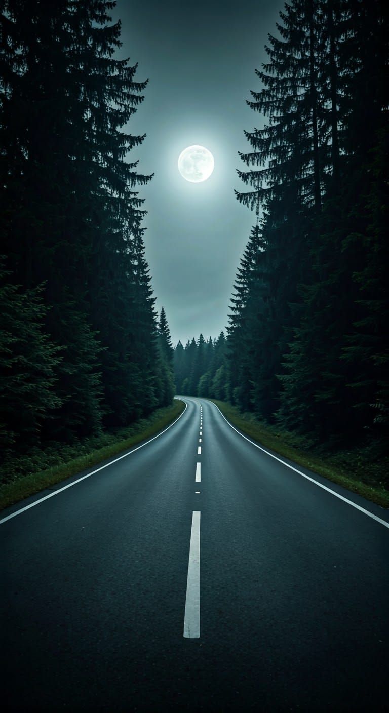 Moonlit Road with Moody Cinematic Atmosphere