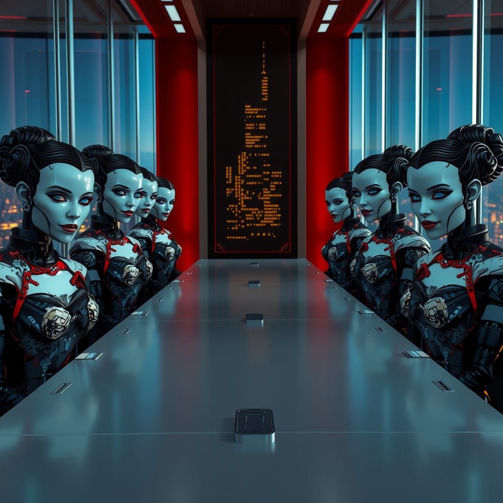 Cyberpunk Robot Women in Elegant Attire Gather in a New York...