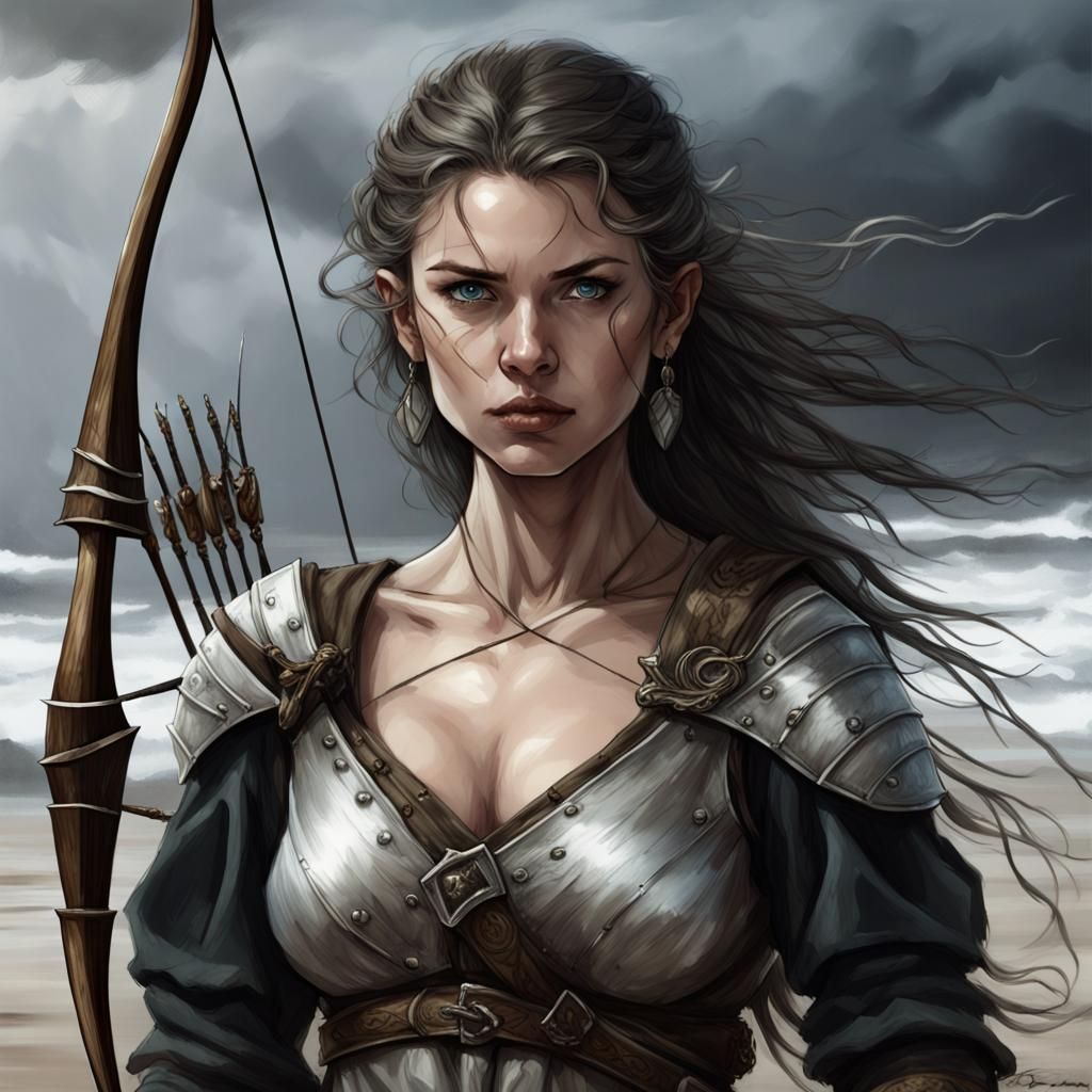 The Archer - drawing sketch in style of Luis Royo - a beautiful young Scottish warrior woman on the beach. she is holdin...