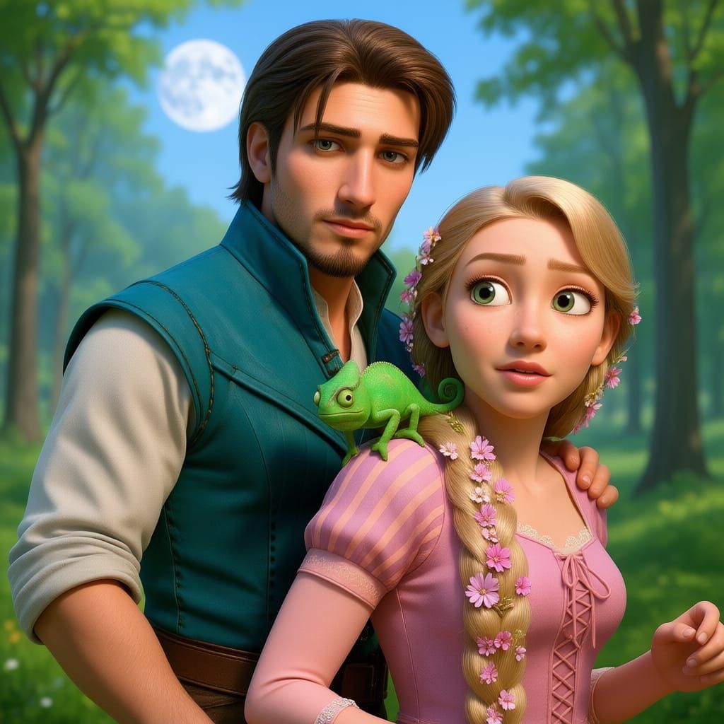 Rapunzel and Flynn Smoldering in a Cinematic Forest
