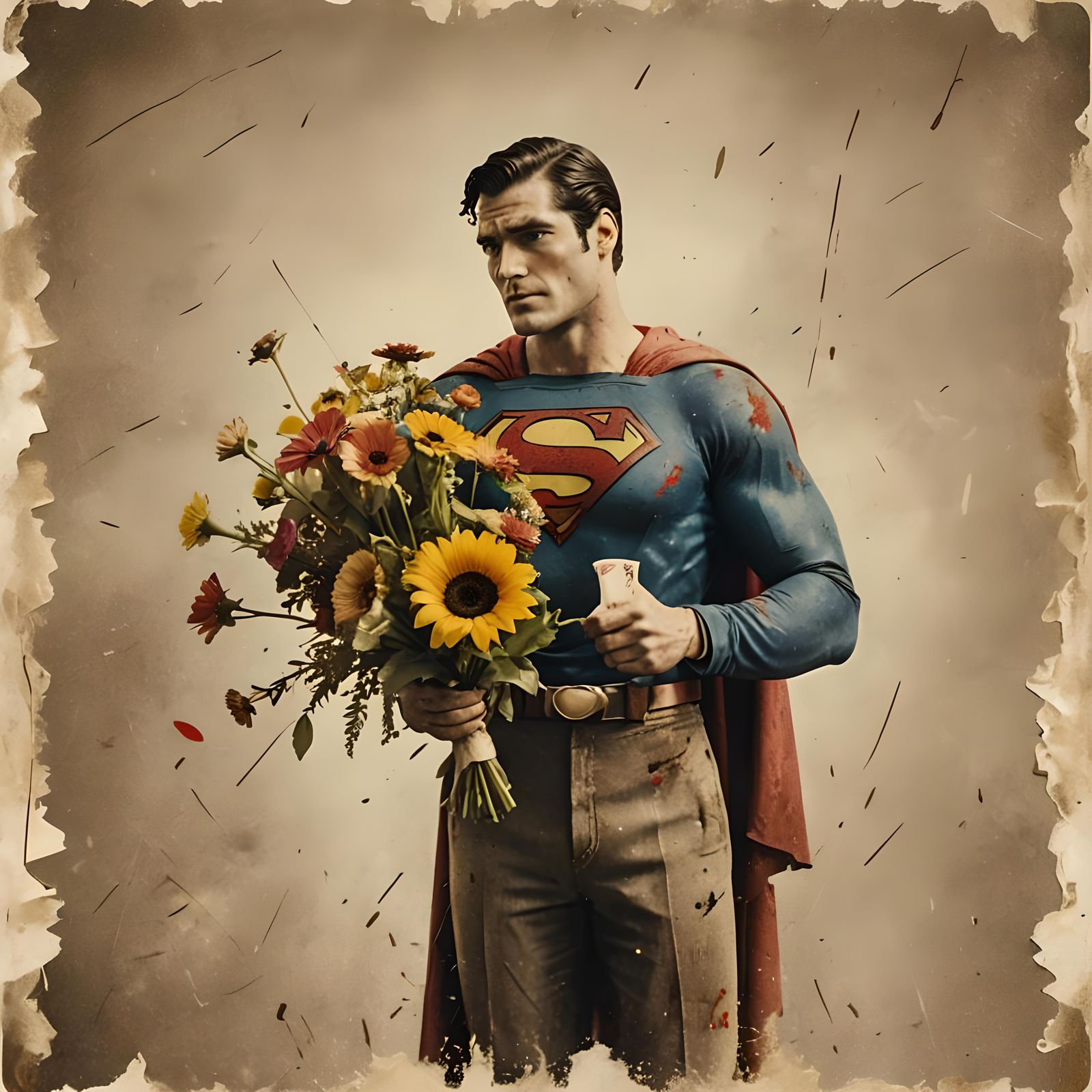 Superman holding a colorful bouquet of flowers