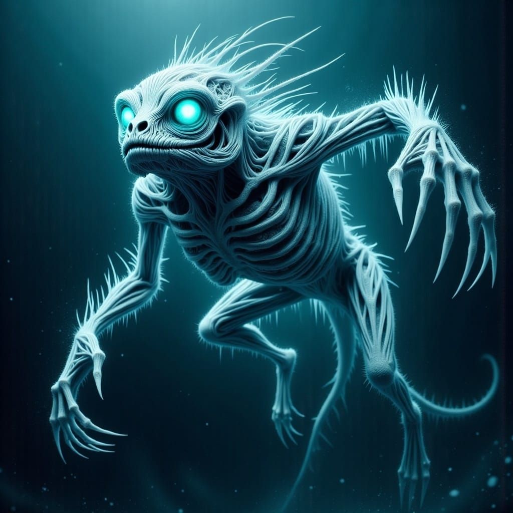 Bioluminescent Skeletal Fish Tangled in Seaweed