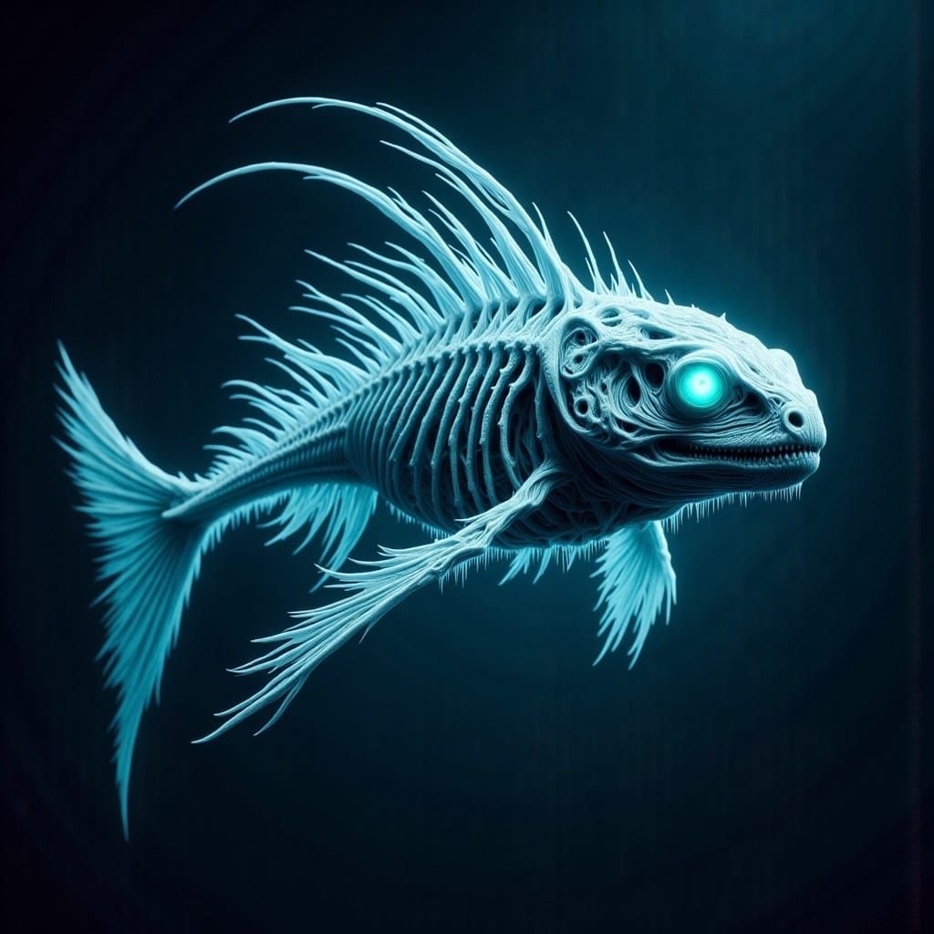 Bioluminescent Skeletal Fish Tangled in Seaweed