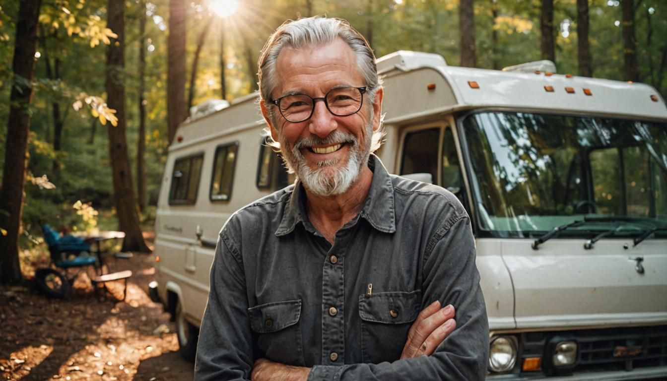Smiling Man with Camper Van in Forest, Portrait Photography