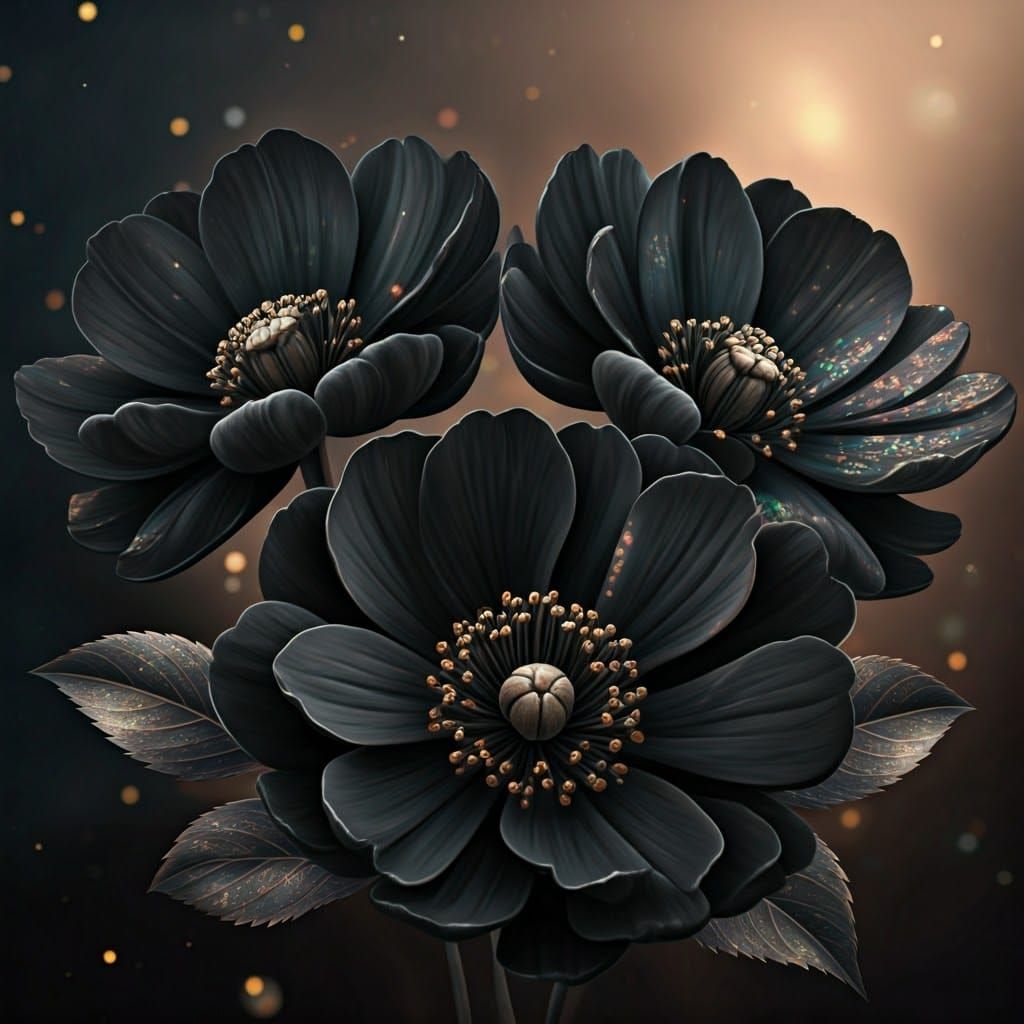 Opulent Black Flowers with Silver Glitter, Digital Art