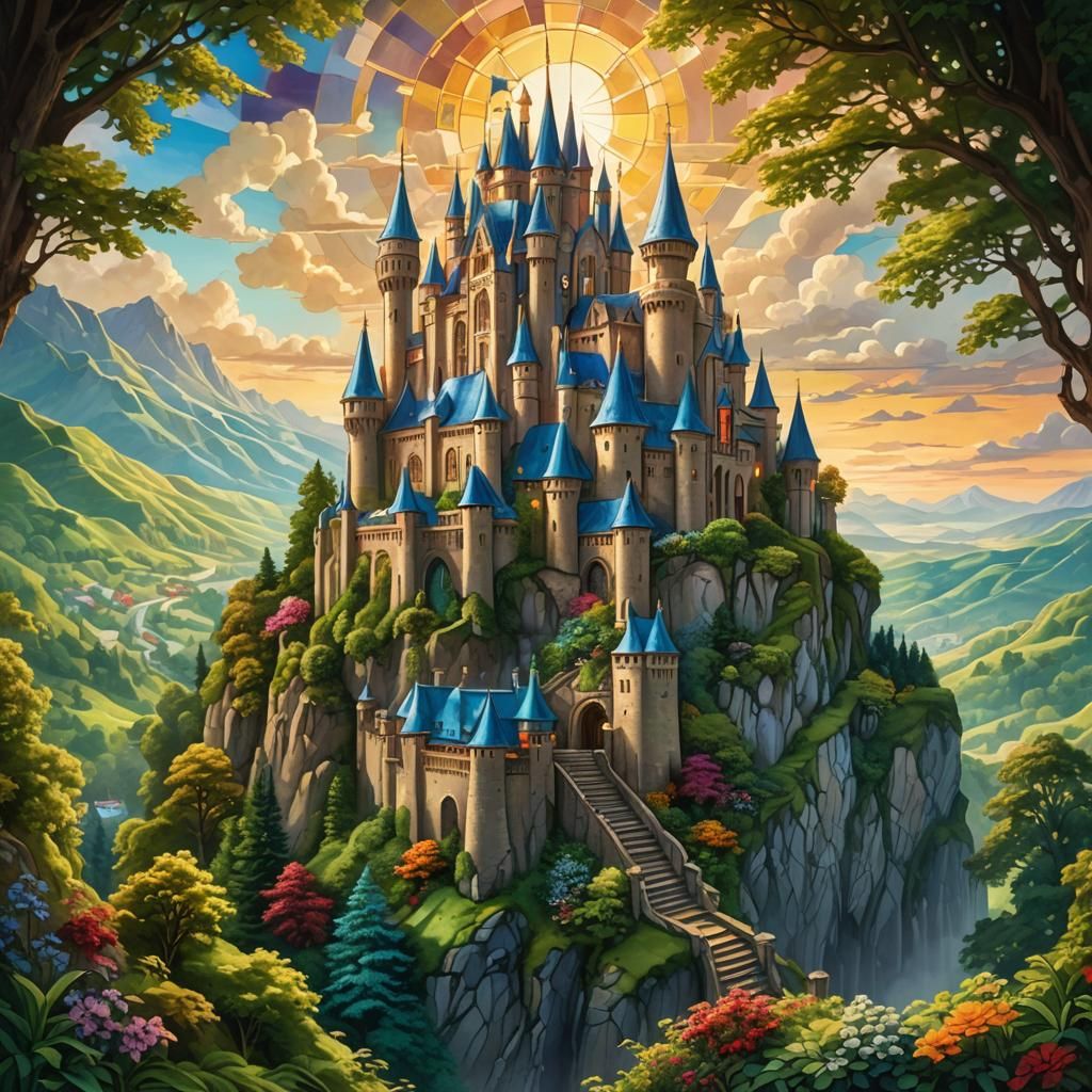 Majestic Castle on Green Hill in Oil Painting Style
