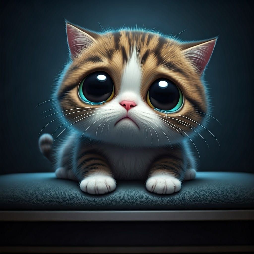 Sad Large-Eyed Cat Watches TV in 3D