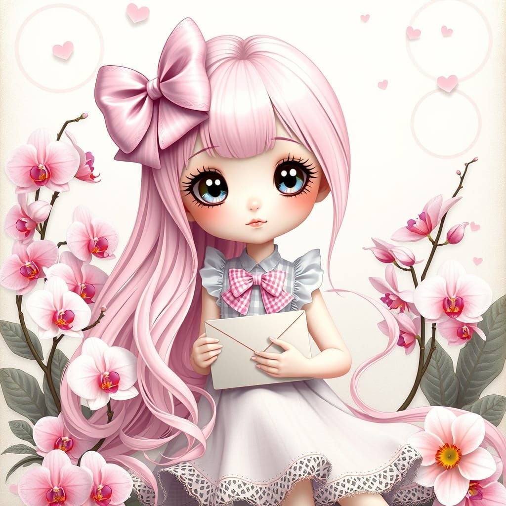 girl,  whimsical,  digital art,  hyperrealistic,  pastel pink and gray,  sitting,  holding an envelope,  big eyes,  pink...