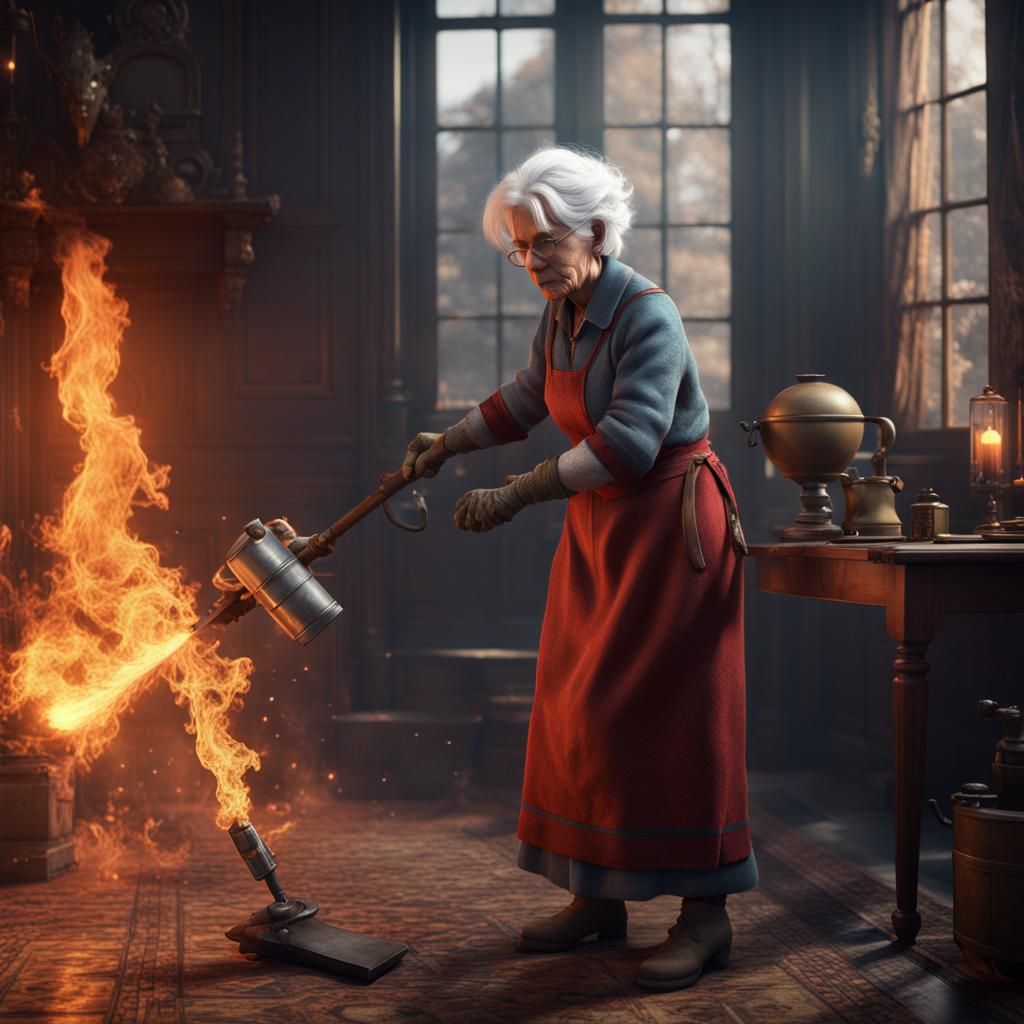 Old Lady Cleans Room with Flamethrower: Fantasy Concept Art