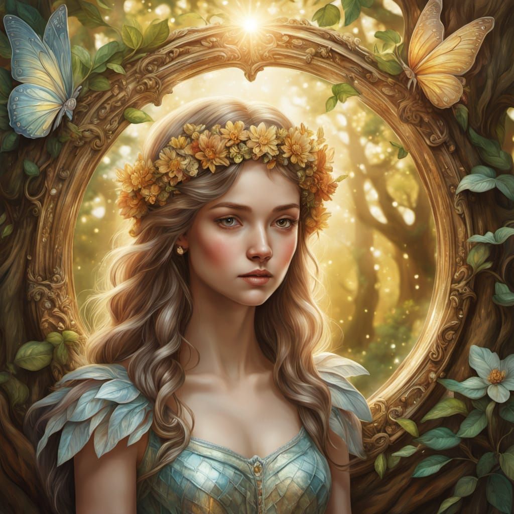 Fairy Woman Before Magical Tree as Oil Painting