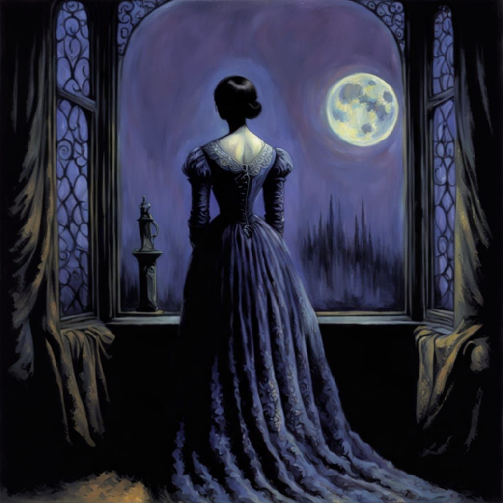 Ethereal Victorian Beauty Lost in Moonlit Contemplation