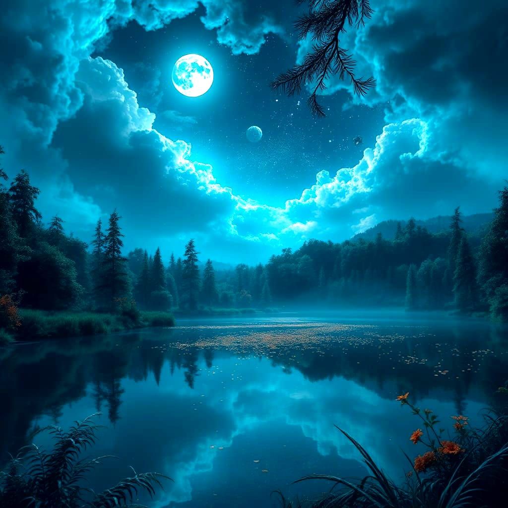 Ethereal Night Sky Over Calm Lake in Fantasy Art