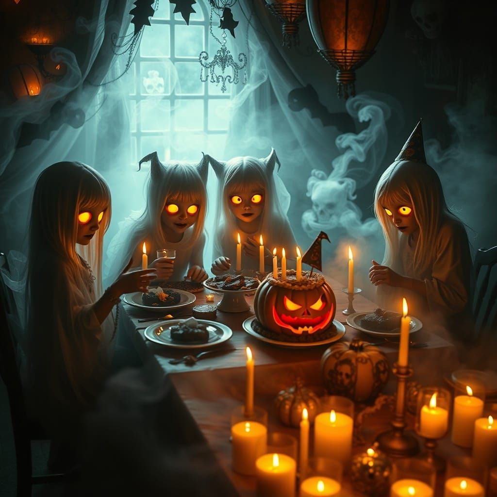 Eerie Halloween Party With Spectral Children and Jack-o'-Lan...