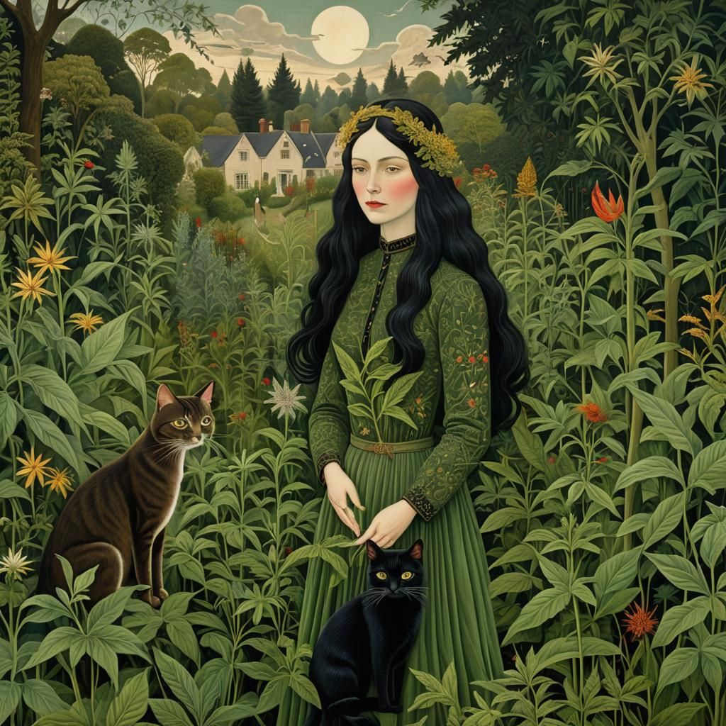 Woman with Cat in Cannabis Garden: Digital Art