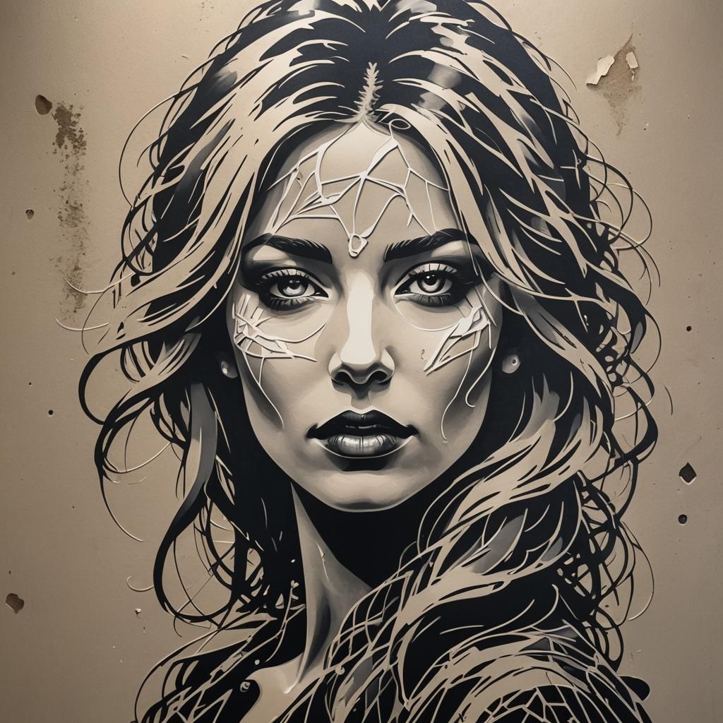 High Contrast Stencil Art Portrait of Woman