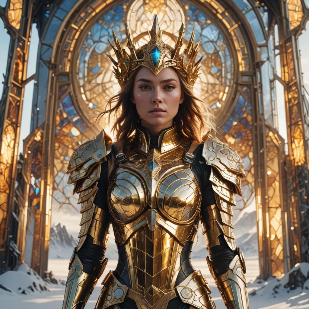 Girl in Golden Armor with Stained Glass Crown