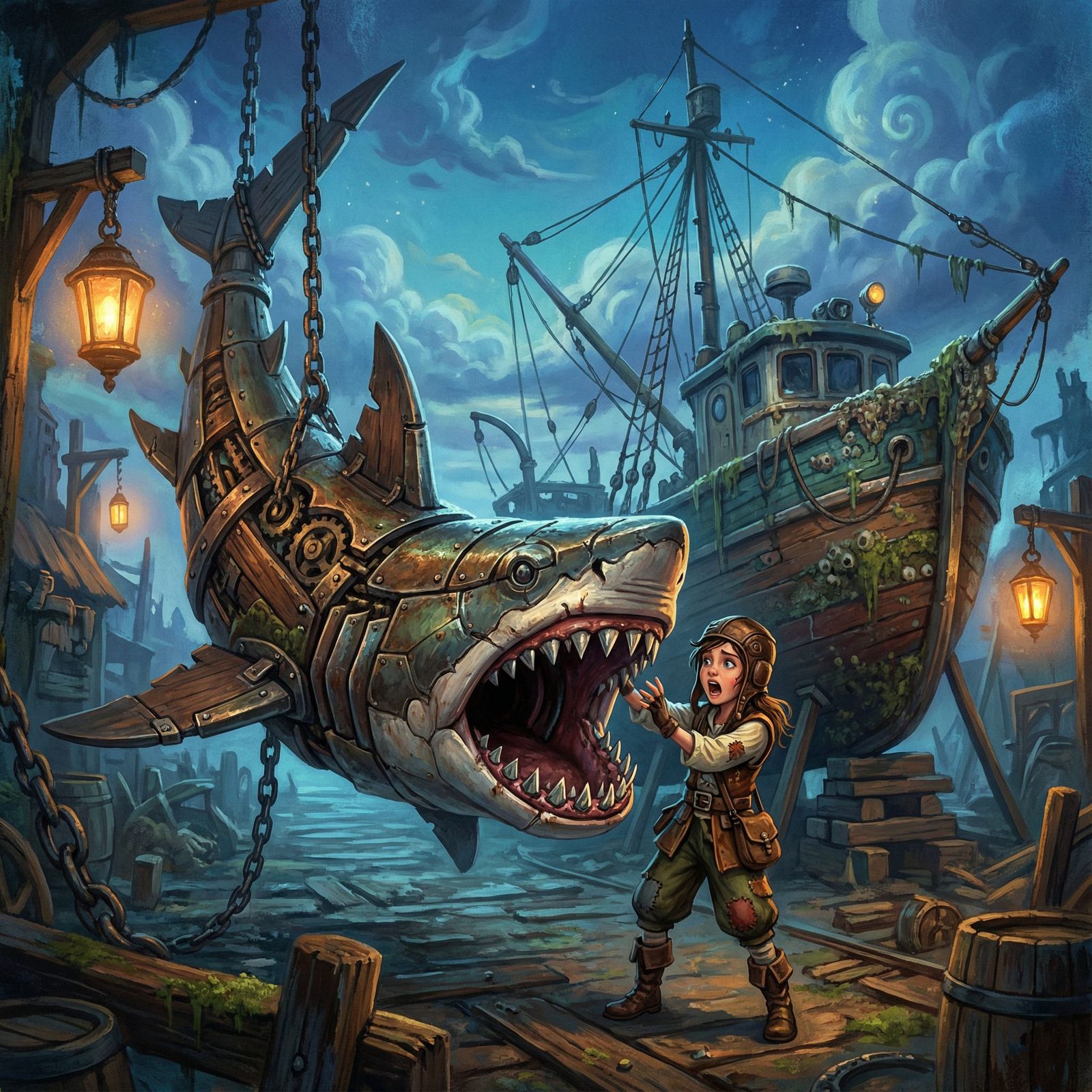 An artificial 8 foot shark, hanging by his tail. It's mouth is open wide. This shark is hanging in front of a fishing bo...