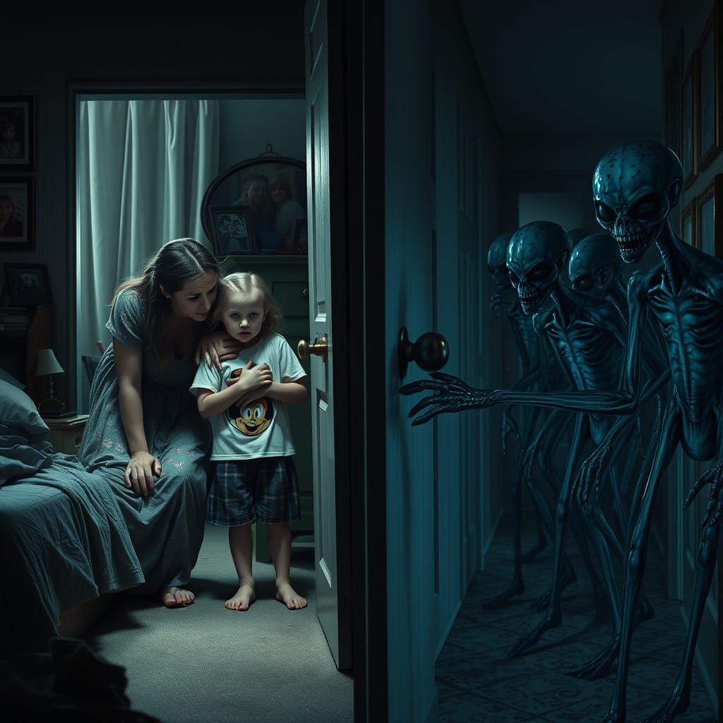 Mother and Daughter Huddle in Fear as Alien Horde Looms Outs...