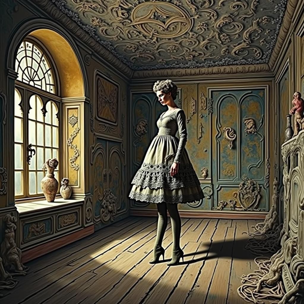 Woman Alone in Surreal Chamber, Oil on Canvas