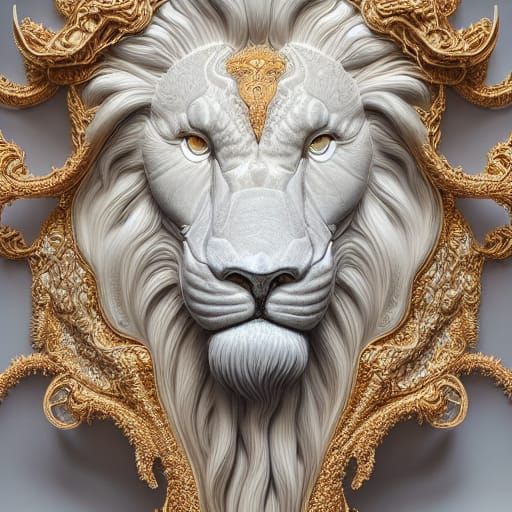 Opalescent Marble Lion Sculpture with Gold Filigree