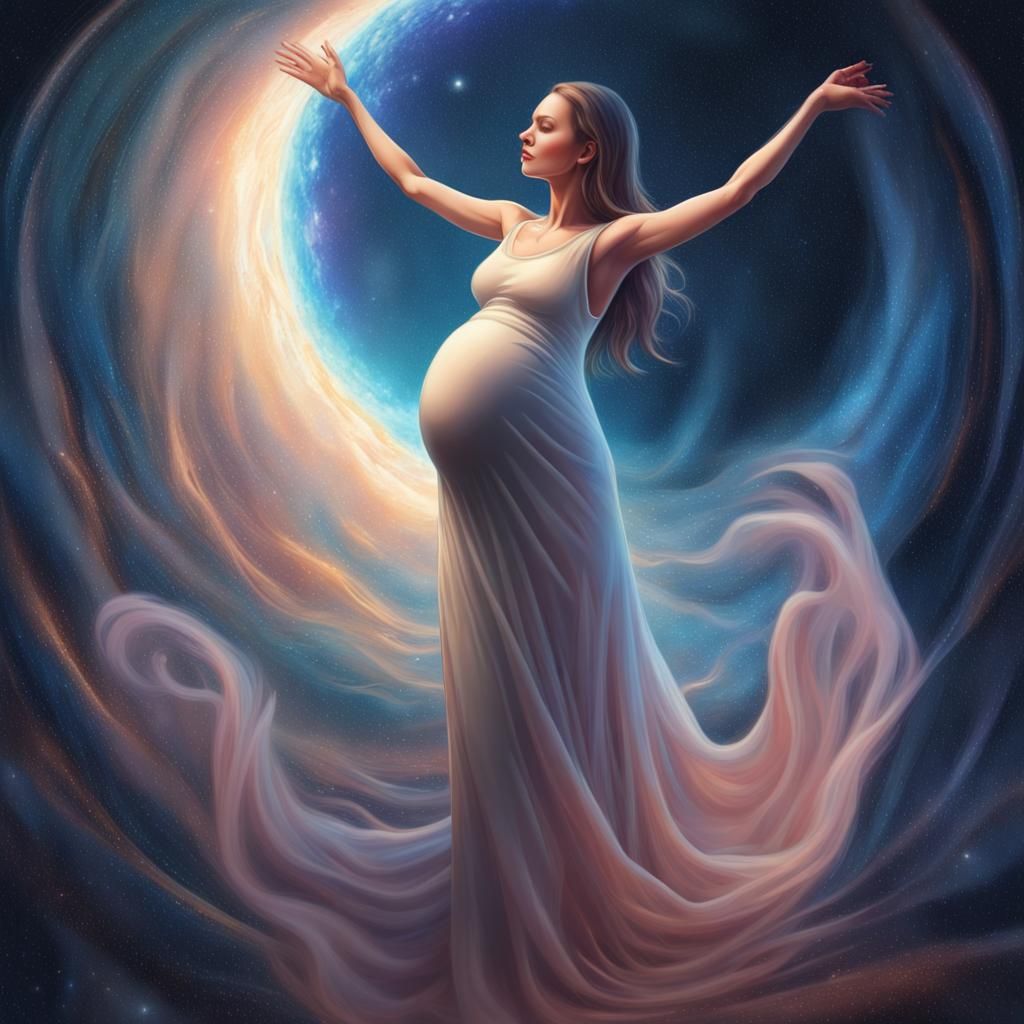 Pregnant Woman Dancing in Cosmic Astral Illustration