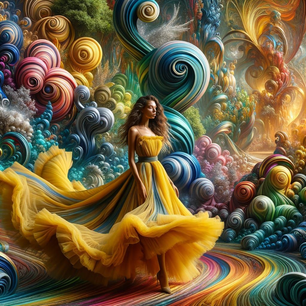 Woman in Flowing Dress in Garden of Earthly Delights