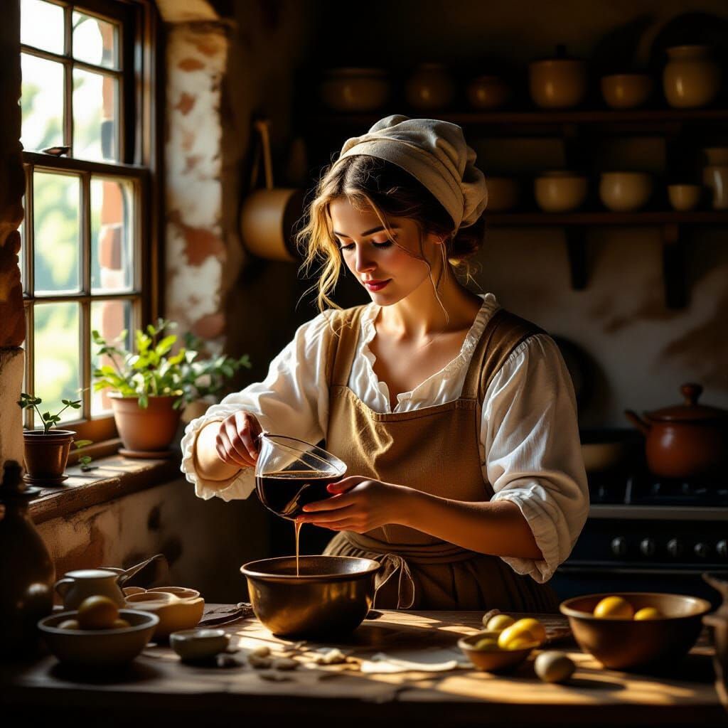 Woman Straining Wine in Rustic Kitchen, Golden Age Style
