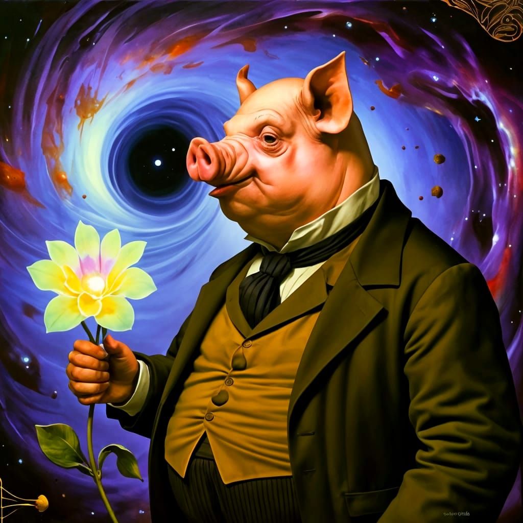 Hyperrealistic Pig-Man Offering Cosmic Flower