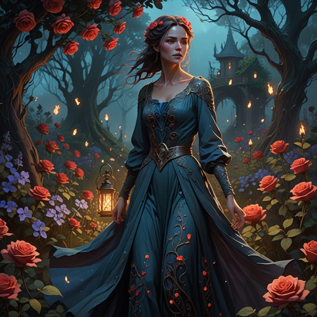 Whimsical Woman in Enchanted Garden