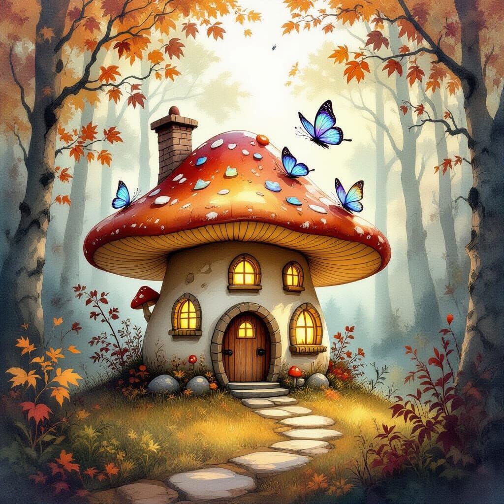Whimsical Mushroom House in Enchanted Autumn Forest