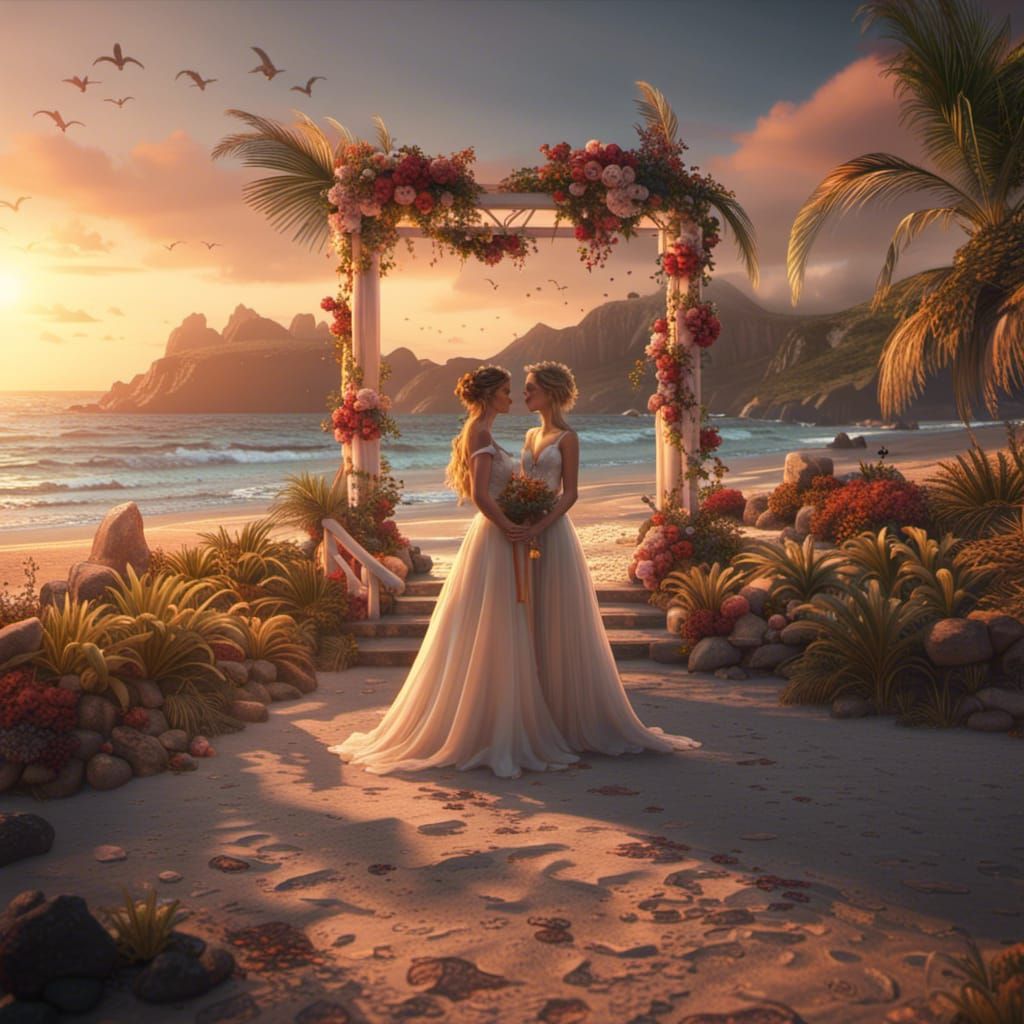 Lesbian Beach Wedding at Sunset: Fantasy Concept Art