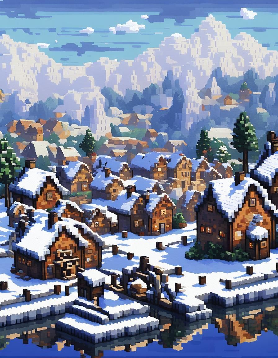 Snowy village - pixel art