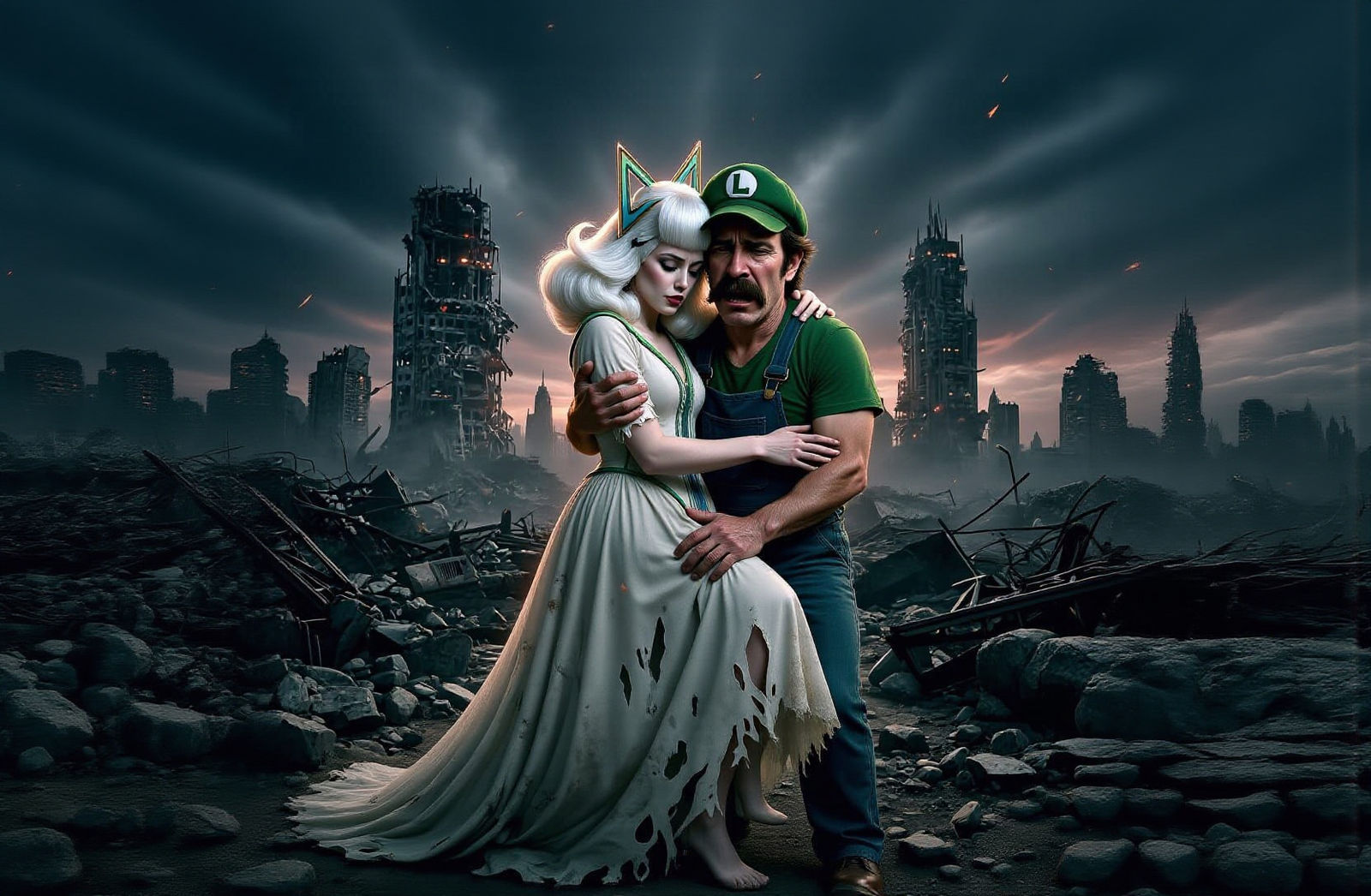 Super Realistic Photo of Luigi and White-Haired Lady on Ruin...
