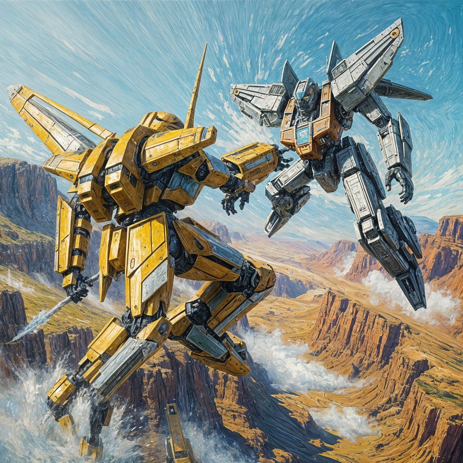 Mecha Duel on Alien Planet in Expressionist Oil Painting