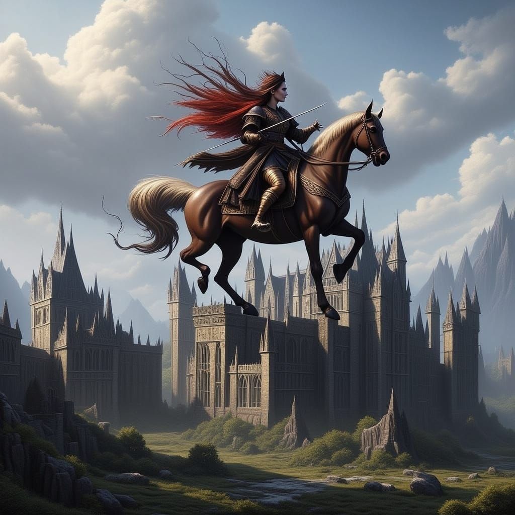 Fantasy Flying Horse Soars Over Majestic Castle