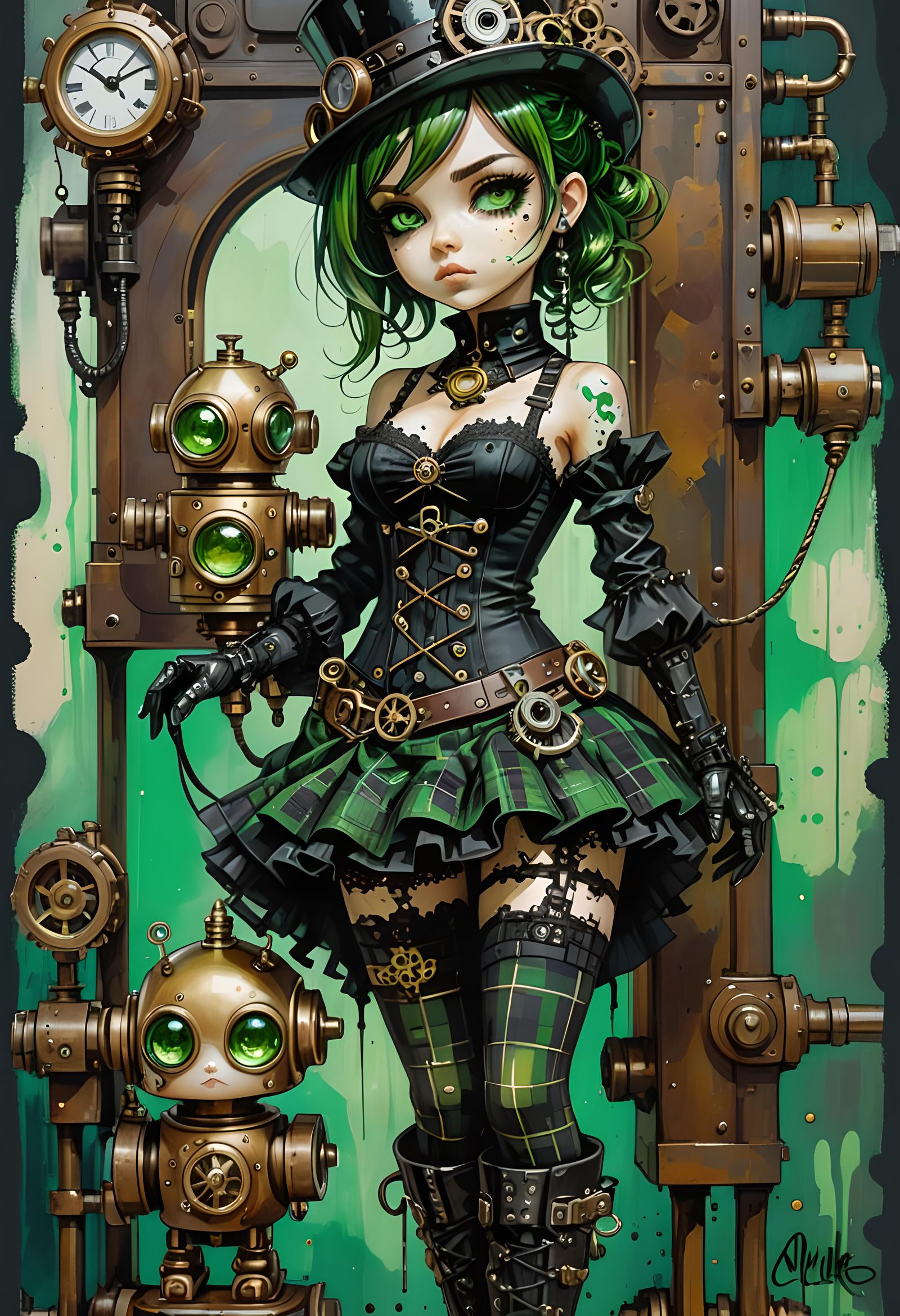 Steampunk Chibi with Robot Pet in Ink Impasto Style