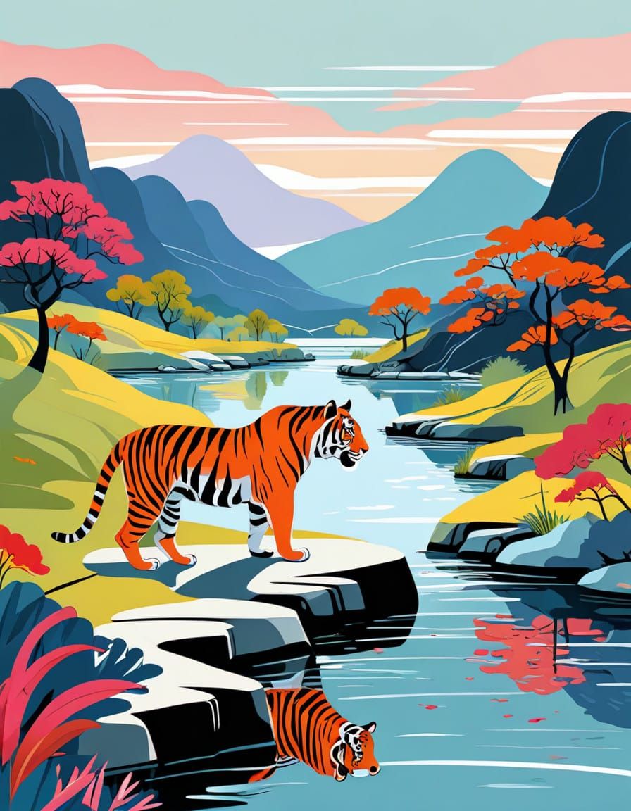 Two Tigers in a Vibrant Abstract Landscape