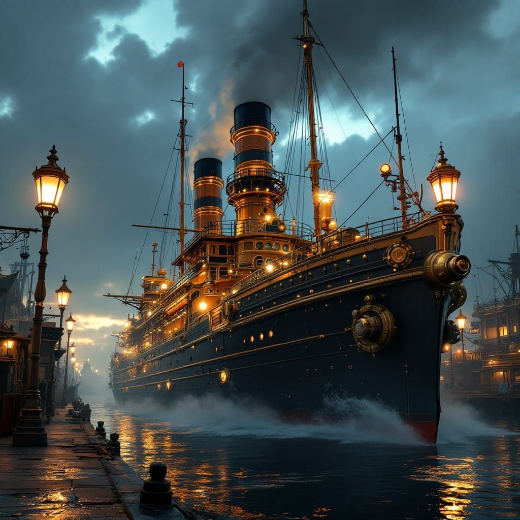 Steampunk Steamship in Futuristic Harbor