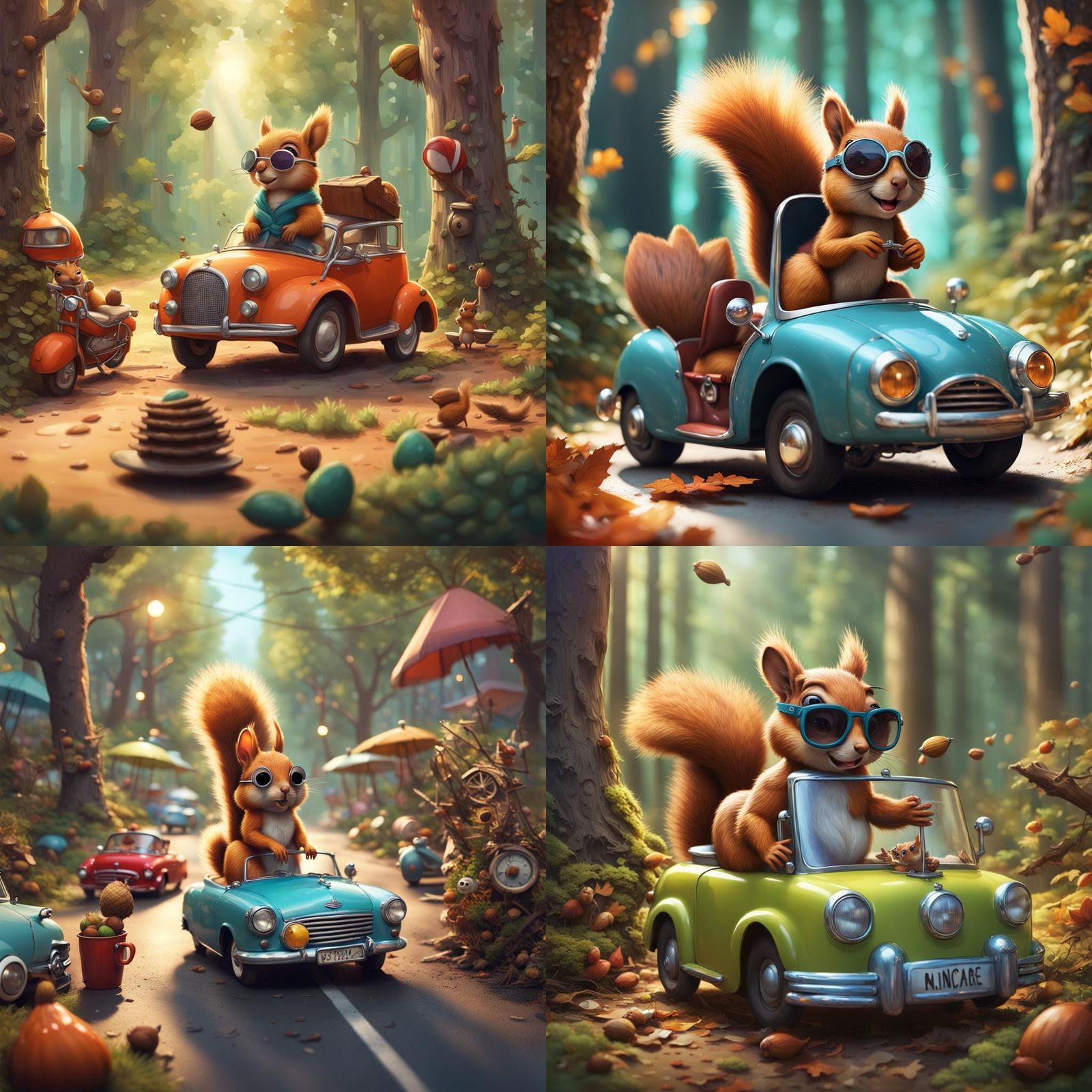 Squirrel Drives Acorn Car in Whimsical Forest Scene