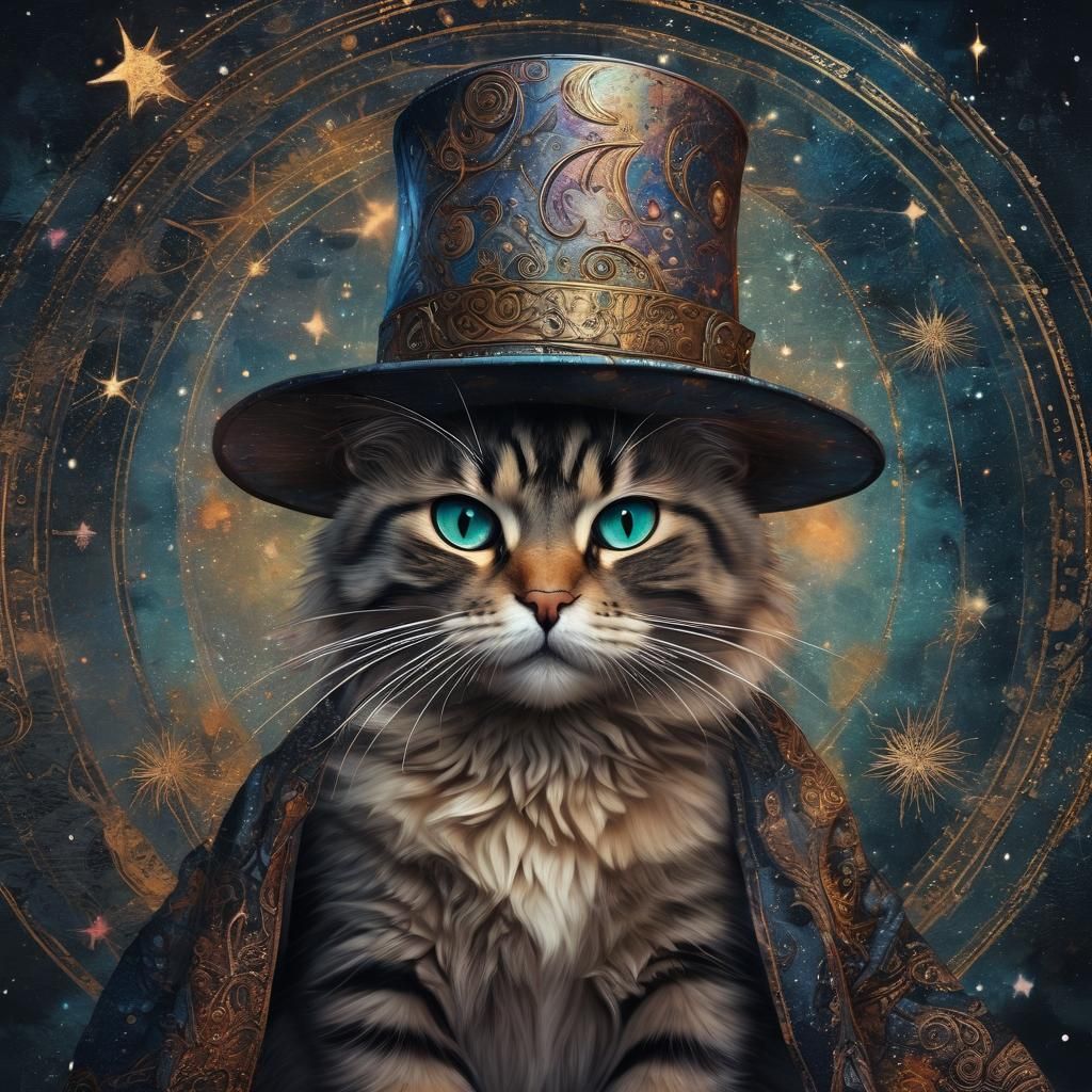 Mystical Cat in Medieval Style with Starry Night