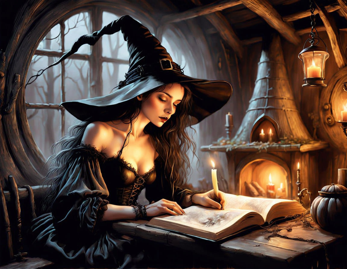 Beautiful Witch in Hut, Vintage Illustration Style