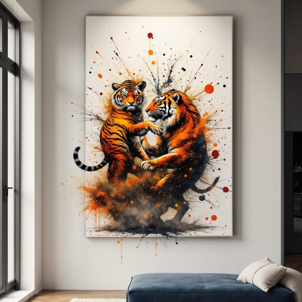 Tigers and Lion Ink Splatter Battle in 3D