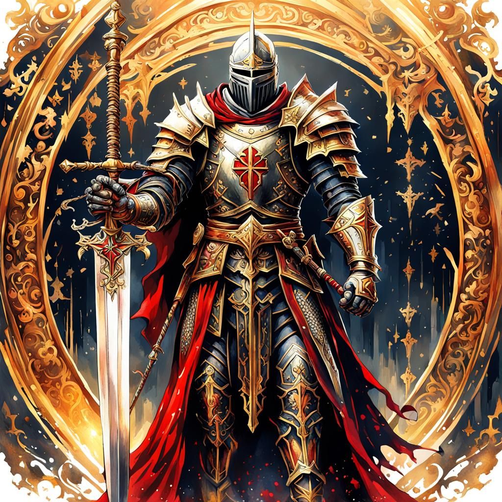 Gothic Knight with Sword and Cross in Sunlight