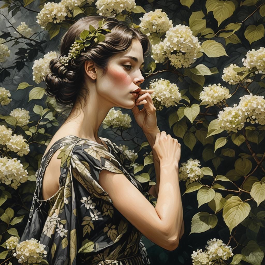 Woman Kisses Viburnum in Hyperdetailed Charcoal Drawing