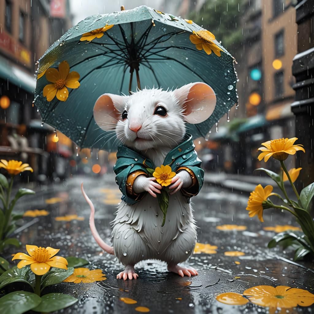 Mouse with Flower in Rain, Art Nouveau Style