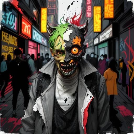 Grotesque Figure in Dystopian Cityscape: Abstract Impasto Ar...