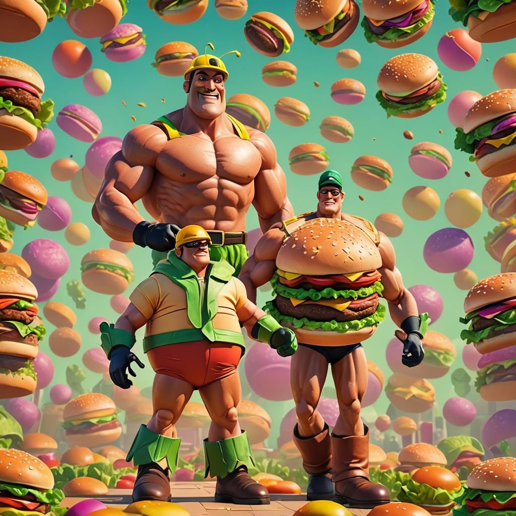 Heroic Burger Man in Pixar-Style 3D Art