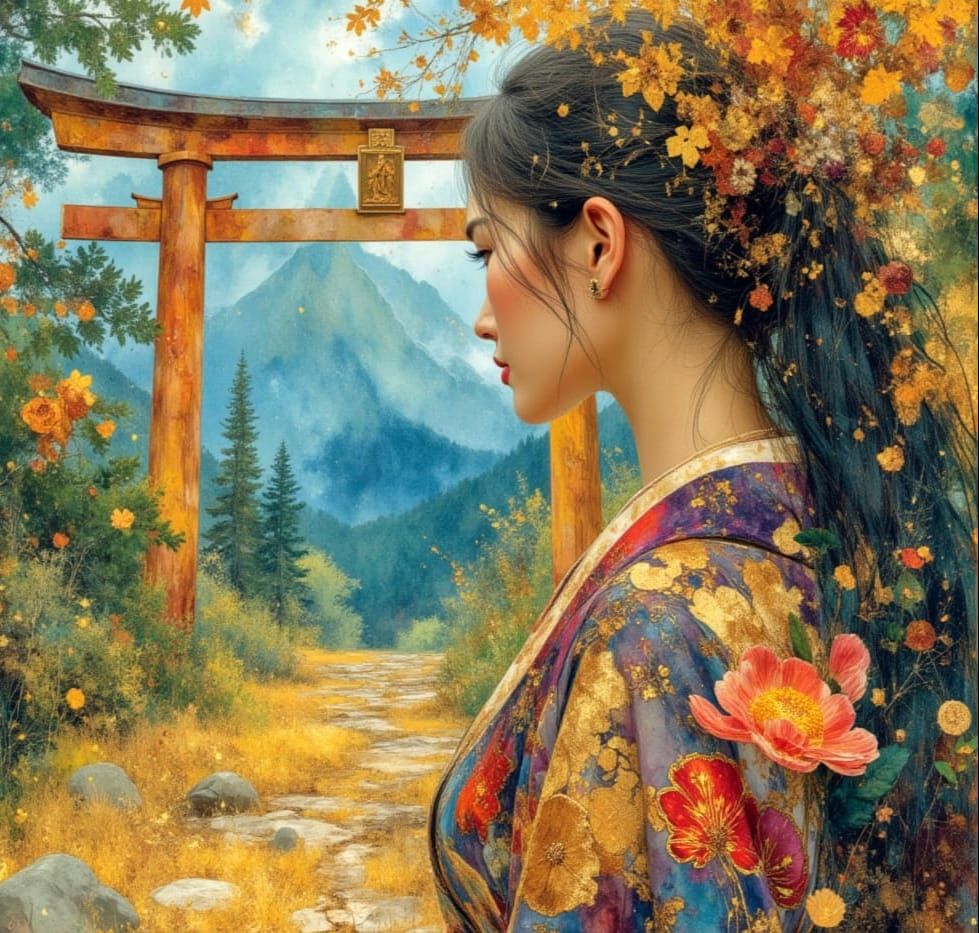 Graceful Japanese Lady at Torii Gate in Watercolour Style